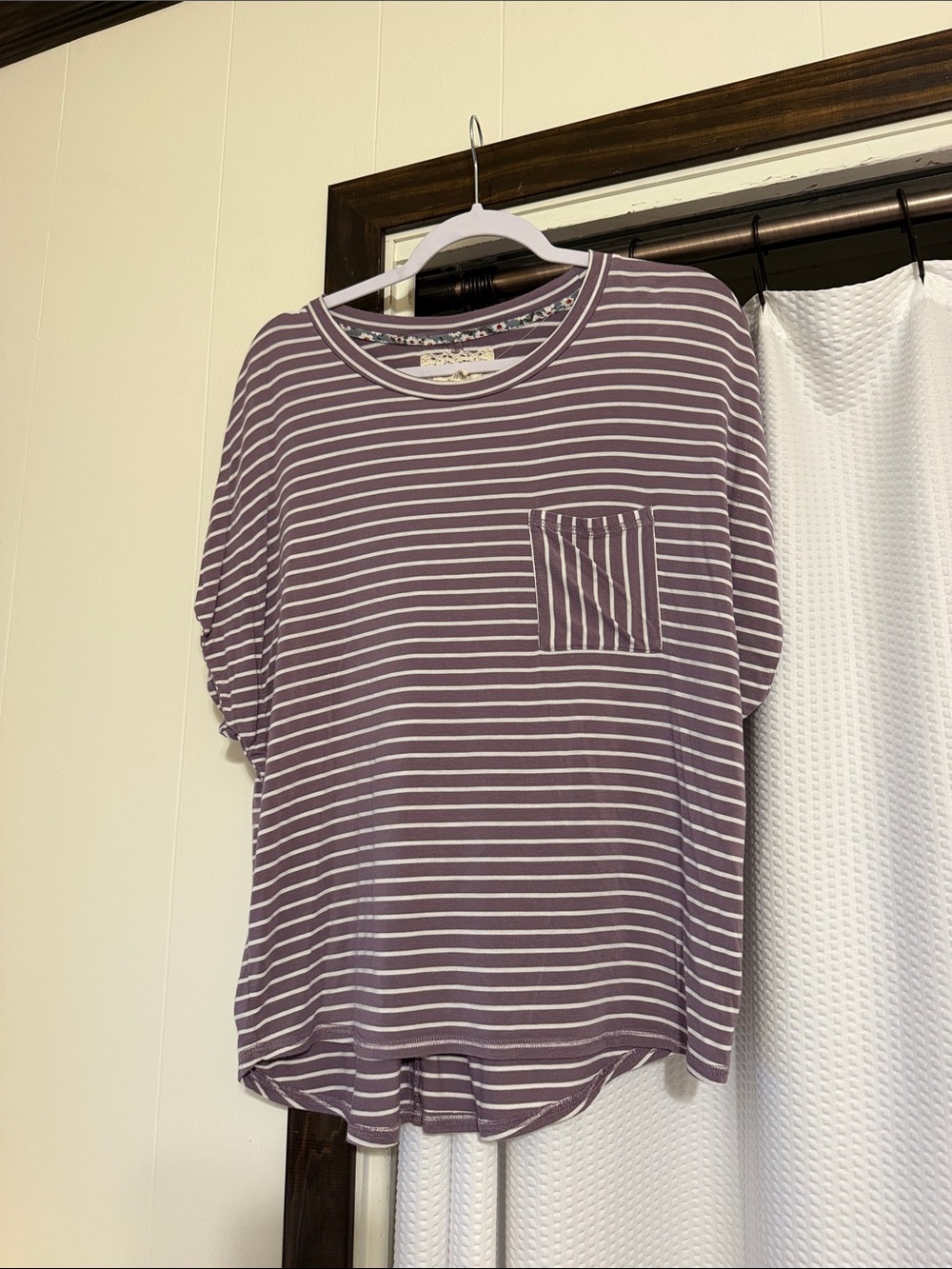 Striped Short Sleeve Pocket Tee - Mauve & White